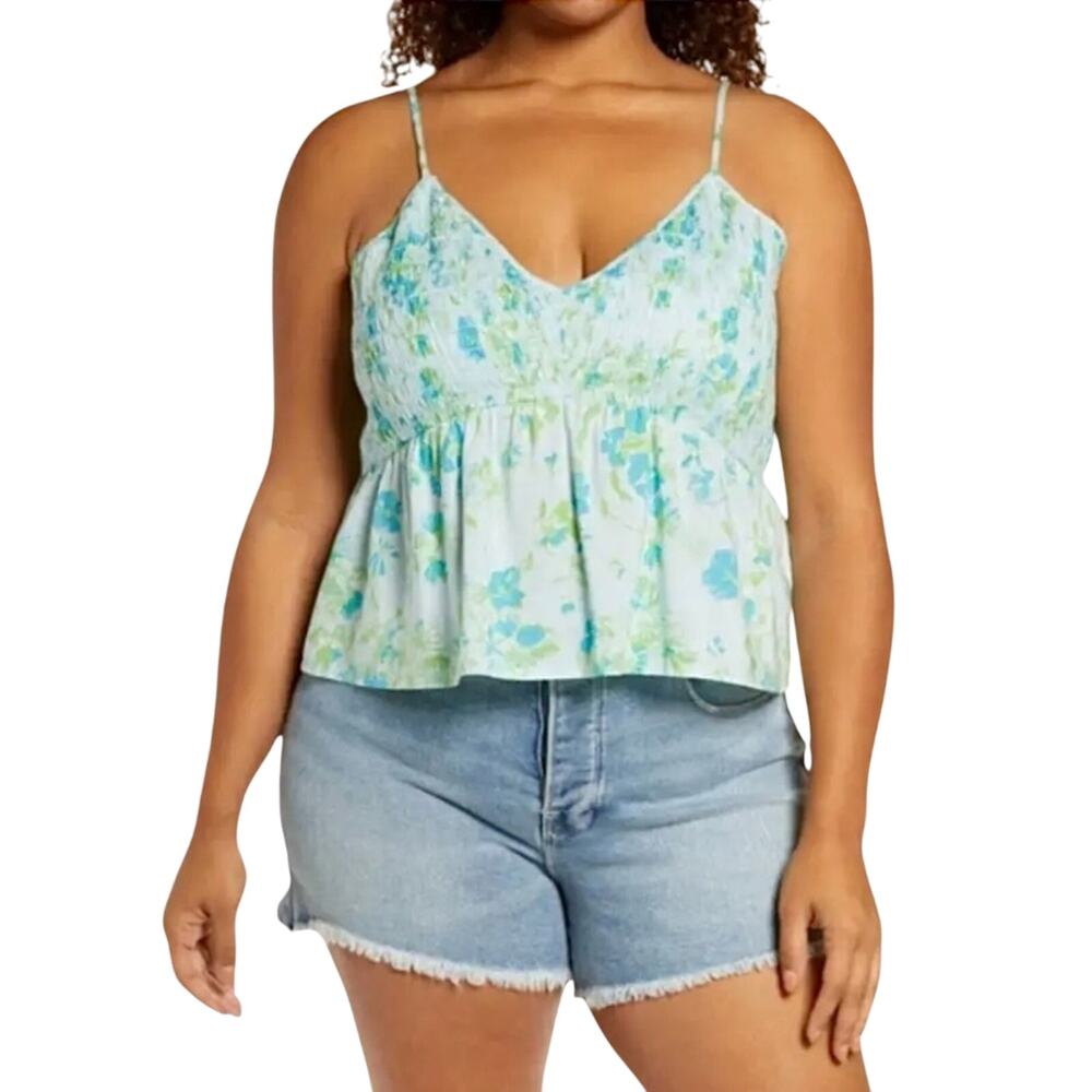 BP Nordstrom Cami Top 2X Blue Green Smocked Babydoll Crop Strappy Camisole
